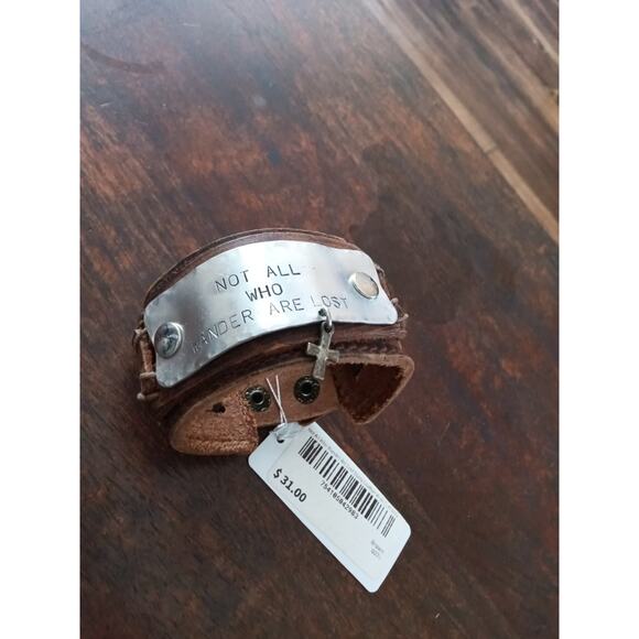 Not All Who Wander Are Lost Wide Leather Brown Cuff bracelet. NWT - Picture 2 of 7